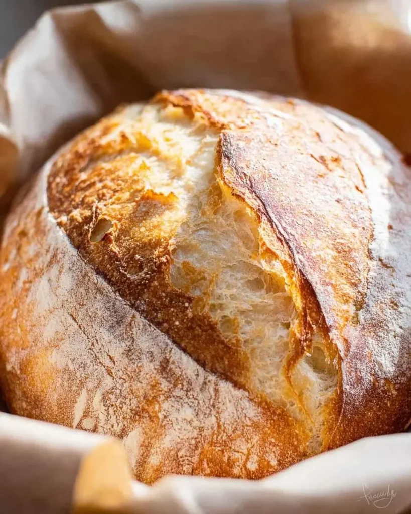 A close-up shot of a perfectly baked round loaf of golden brown sourdough bread with a cracked crust and a dusting of flour.