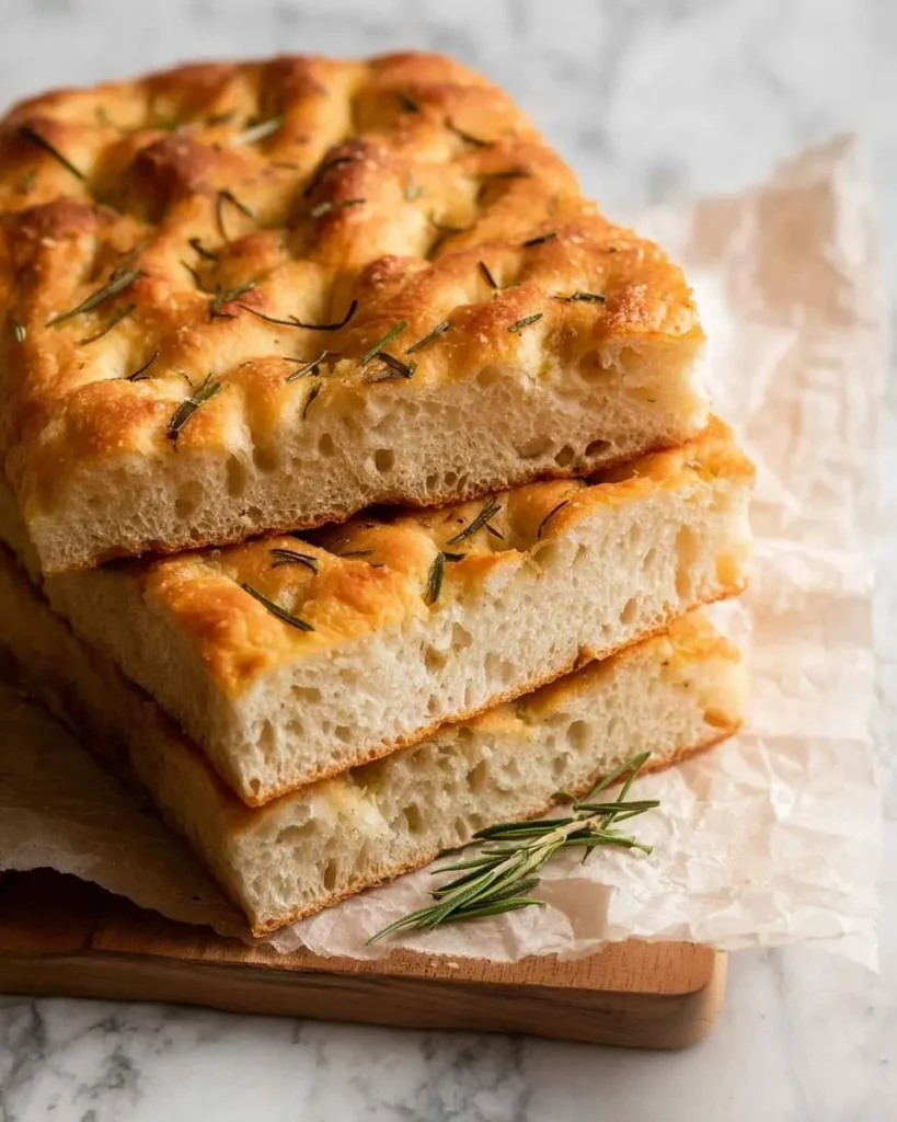 A stack of golden brown Sourdough Focaccia Bread pieces, topped with rosemary, revealing a soft, airy interior.