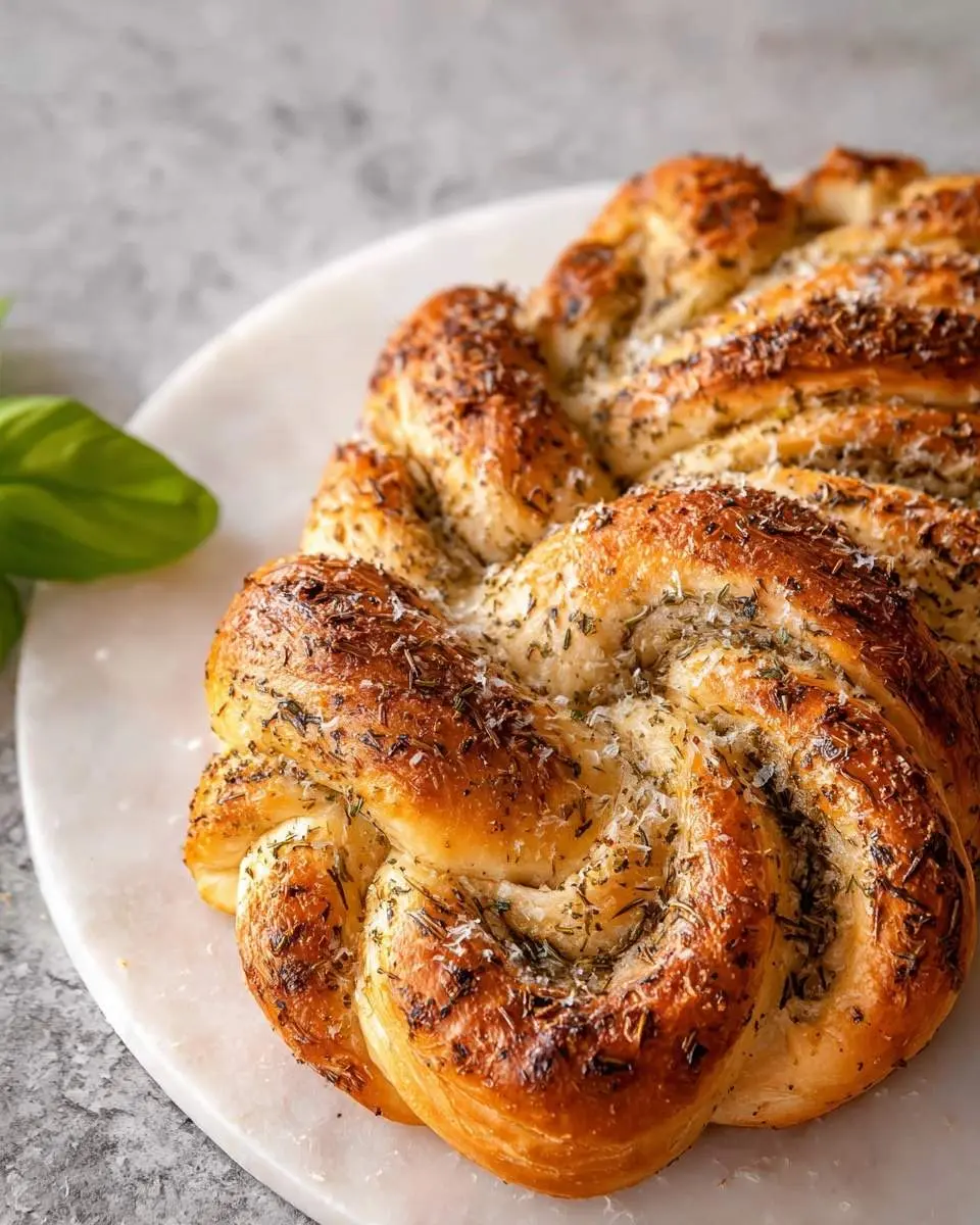 A golden-brown Sourdough Herb and Garlic Twist Loaf, generously topped with dried herbs and parmesan cheese, on a marble board.