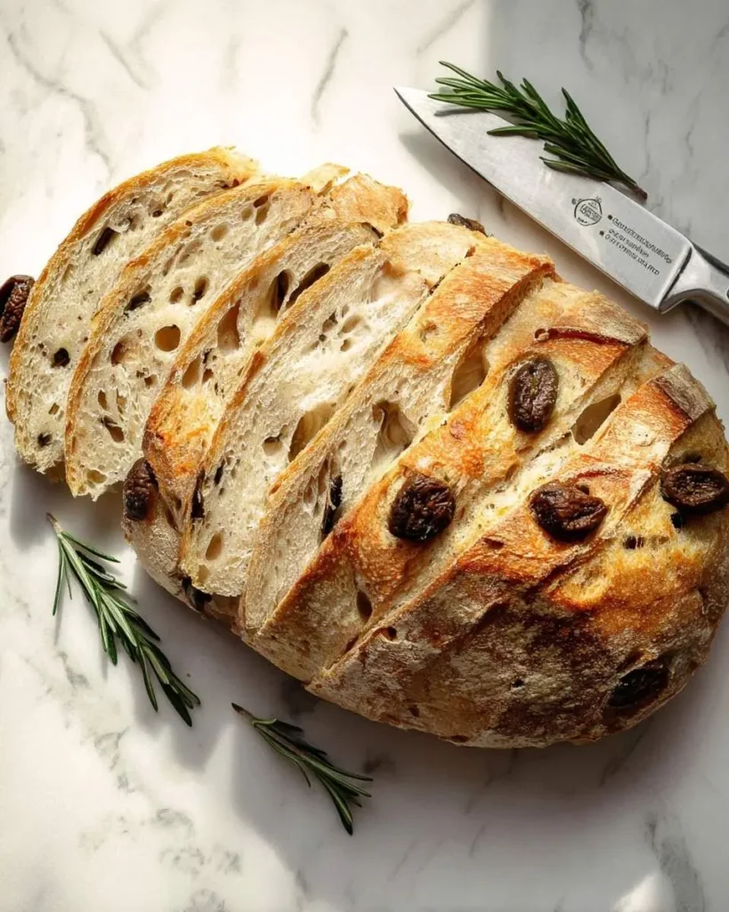 A freshly baked and sliced loaf of Sourdough Olive Bread on a marble surface with a knife and rosemary sprigs.