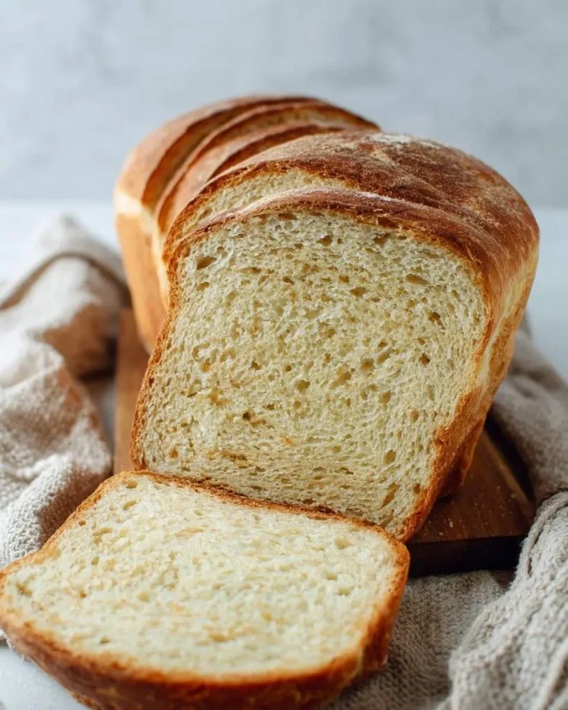 A perfectly sliced loaf of Sourdough Sandwich Bread resting on a wooden board next to a textured linen cloth.