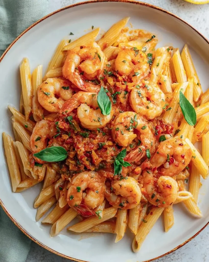 A vibrant close-up of a generous serving of Spicy Shrimp Arrabbiata pasta, featuring perfectly cooked penne, succulent shrimp, a rich red sauce, and fresh basil.