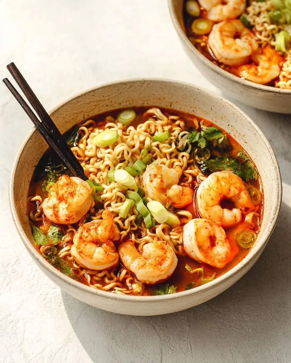 A steaming bowl of spicy shrimp ramen with curled noodles, plump shrimp, and sliced green onions, with dark chopsticks inserted.