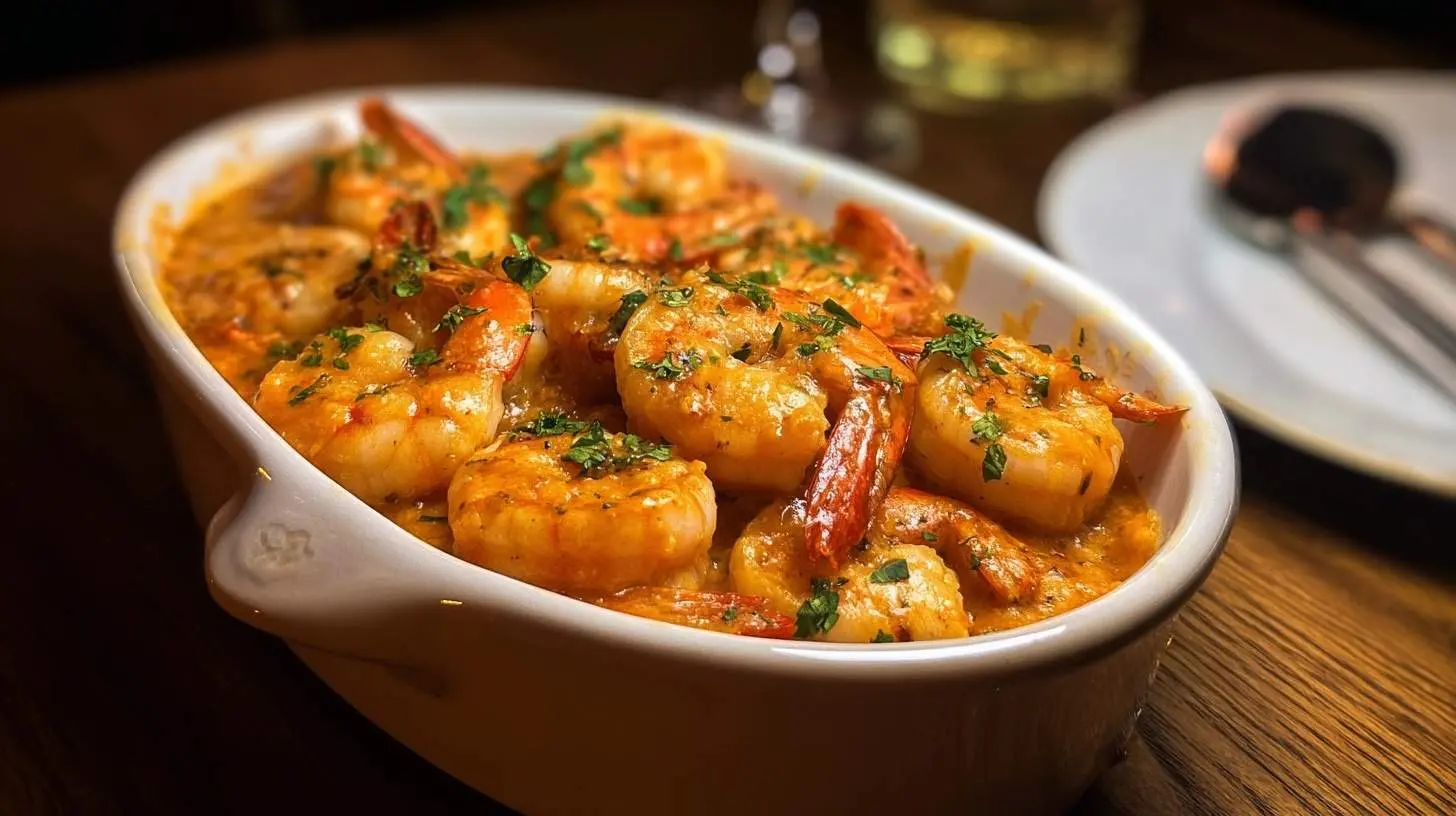 A close-up of a white oval dish brimming with delicious looking Spicy Voodoo Shrimp in a rich, creamy sauce, garnished with fresh herbs.