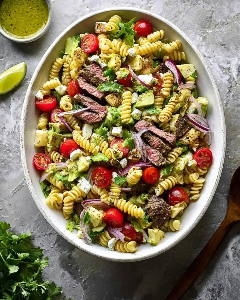 Overhead shot of a colorful Steak Pasta Salad Recipe in a white oval bowl, with pasta, steak, tomatoes, avocado, and red onion.