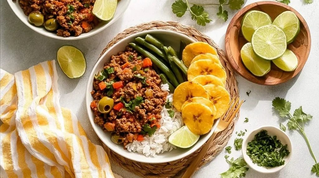 A top-down view of a vibrant Stovetop Picadillo meal with rice, green beans, fried plantains, and fresh limes on a textured mat.