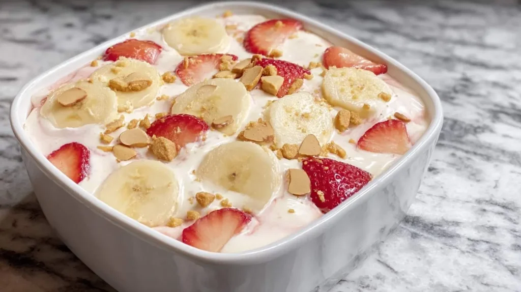 Creamy Strawberry Banana Pudding in a white dish, topped with fresh banana slices, ripe strawberries, and crunchy cookie crumbles.