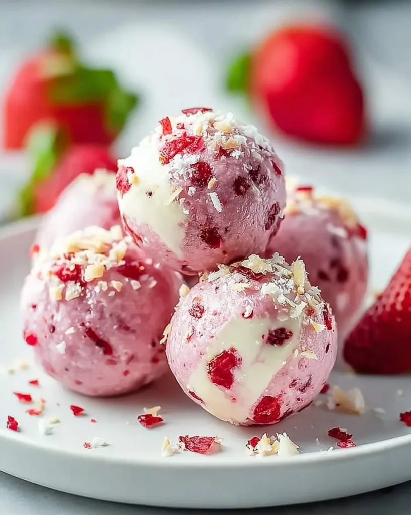 A close-up of a plate filled with delicious pink Strawberry Cheesecake Protein Balls, garnished with red fruit pieces and white flakes.