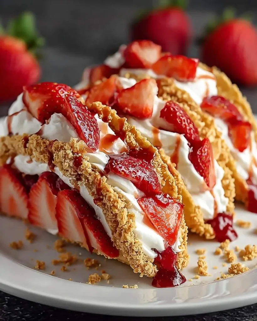 A close-up shot of three delicious Strawberry Crunch Cheesecake Tacos filled with whipped cream, fresh strawberries, and strawberry drizzle on a white plate.