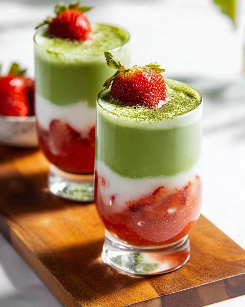 Two clear glasses showcasing layered strawberry matcha lattes, each topped with a fresh strawberry and a dusting of matcha powder.
