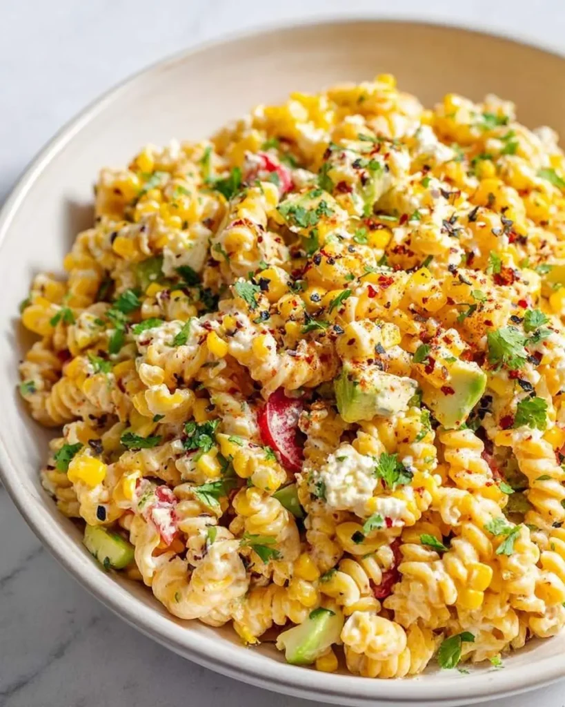 A vibrant bowl of Street Corn Pasta Salad with fusilli pasta, corn, avocado, crumbled white cheese, and fresh cilantro, topped with chili flakes.