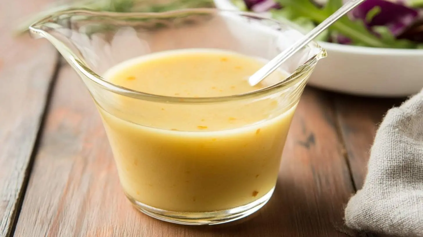 A clear glass pitcher holds golden sweet onion dijon vinaigrette with a spoon, ready to serve alongside a fresh salad.