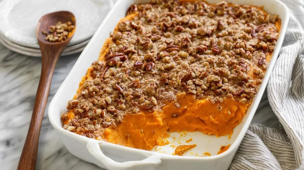 A white baking dish of creamy sweet potato casserole with a pecan streusel topping, a scoop removed, beside a wooden spoon and stacked plates.