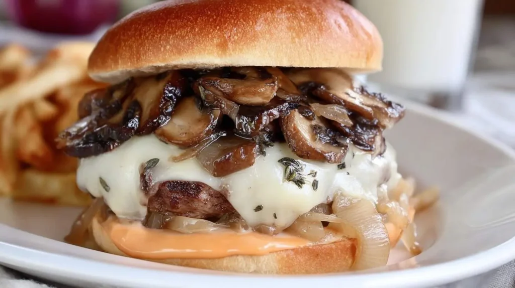 An appetizing Swiss Mushroom Melt sandwich on a bun with melted Swiss cheese, juicy sautéed mushrooms, and caramelized onions.