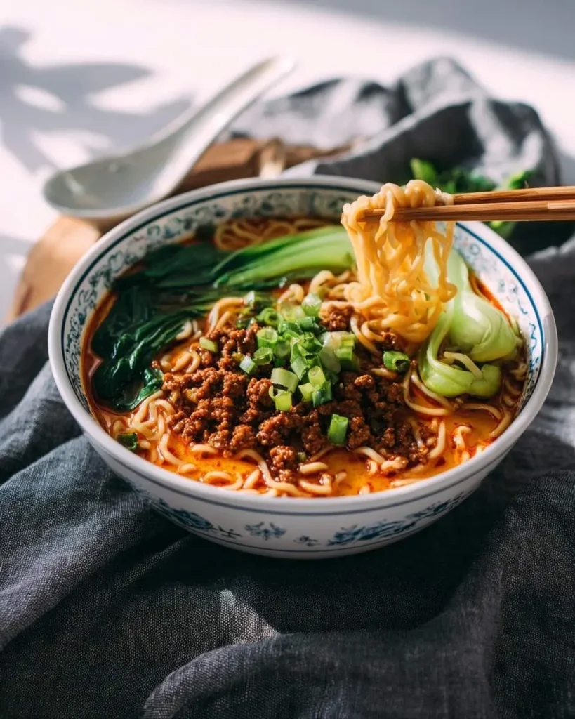 A close-up of a vibrant bowl of Tan Tan Ramen with chopsticks lifting noodles, garnished with minced pork, bok choy, and green onions.