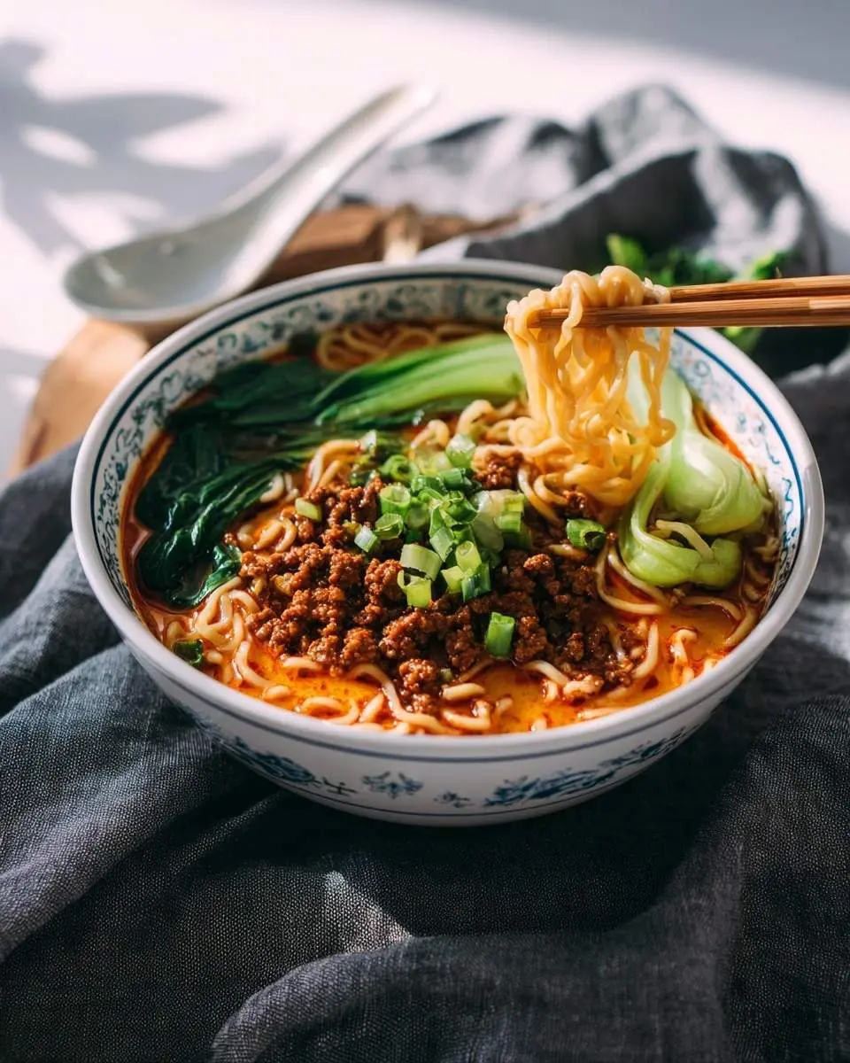 A close-up of a vibrant bowl of Tan Tan Ramen with chopsticks lifting noodles, garnished with minced pork, bok choy, and green onions.