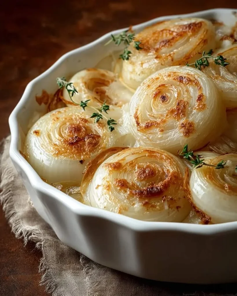 A white baking dish filled with beautifully baked Tennessee Onions, each tender and golden-brown, garnished with fresh thyme.