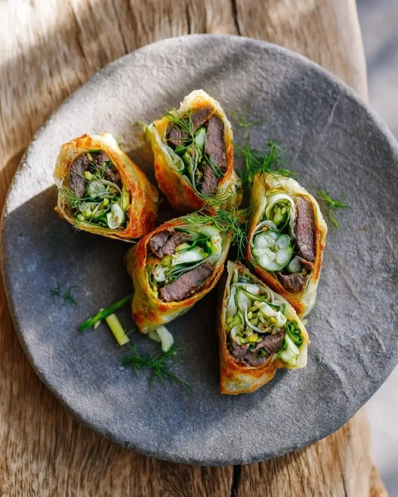 Close-up of five sliced Thai Basil Beef Rolls, revealing tender beef, crisp green vegetables, and fresh herbs on a rustic gray plate.