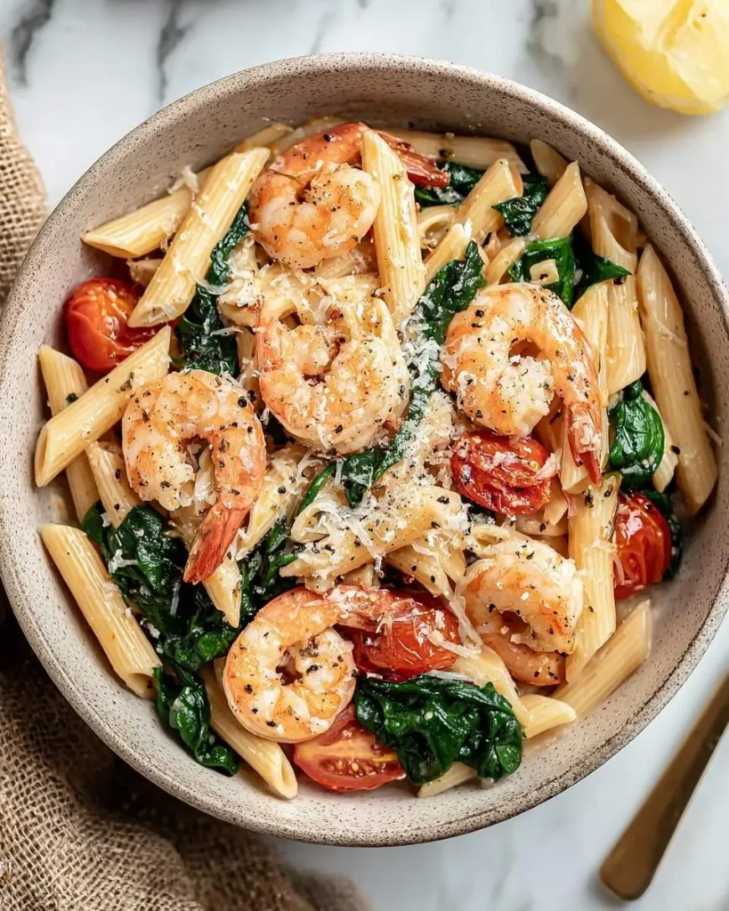 A delicious bowl of creamy Tomato and Spinach Shrimp Pasta with penne, topped with Parmesan cheese and black pepper.