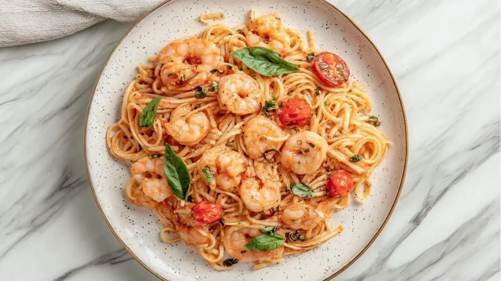 Overhead view of a delicious plate of Tomato Basil Shrimp Pasta garnished with fresh basil leaves and halved cherry tomatoes.
