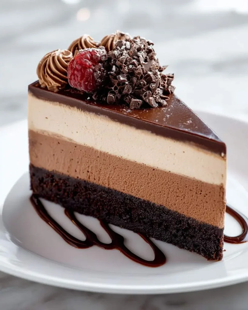 A delicious slice of Triple Chocolate Mousse Cake on a white plate, topped with chocolate glaze, a raspberry, and chocolate curls.
