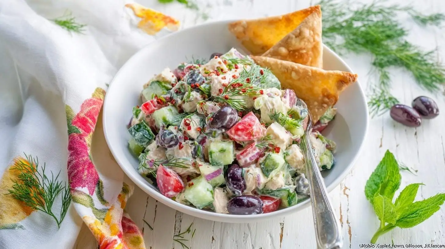 A vibrant bowl of tzatziki chicken salad with cucumber, tomatoes, olives, and dill, served with crispy pita chips on a white wooden table.