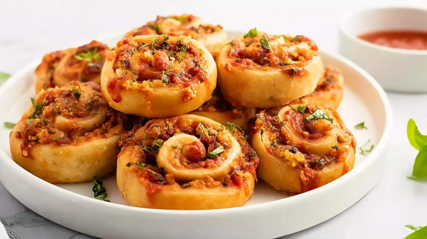 A white plate piled high with golden-brown Vegan Pizza Rolls garnished with fresh herbs, with a bowl of red sauce in the background.