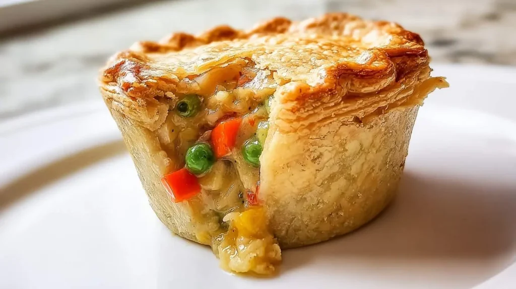 A golden-brown vegetarian pot pie on a white plate with a slice removed, revealing a creamy vegetable filling with peas and carrots.