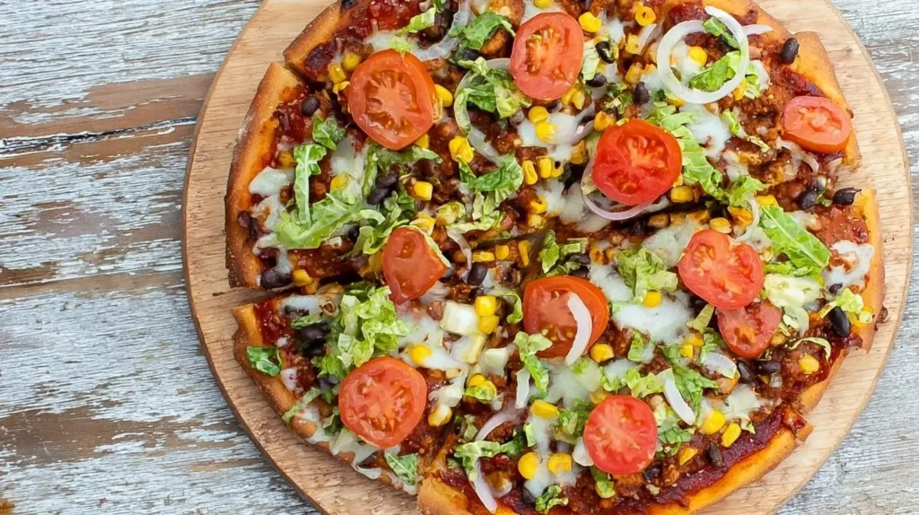 A vibrant Vegetarian Taco Pizza, generously topped with fresh lettuce, tomatoes, corn, black beans, and onions, on a wooden board.