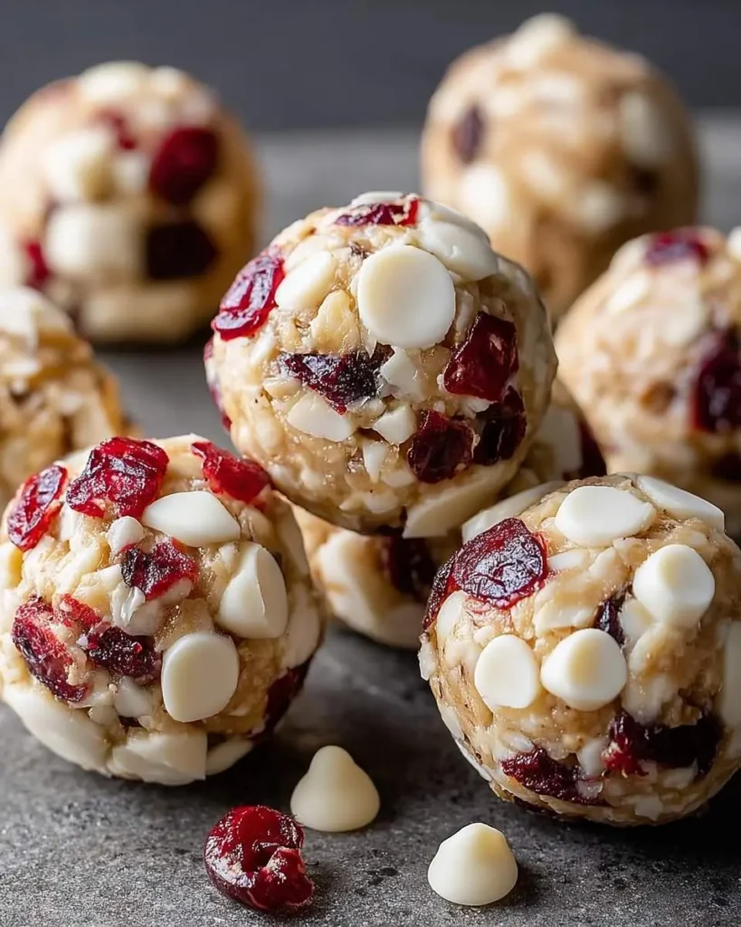 A close-up shot of several delicious White Chocolate &amp; Cranberry Protein Balls on a dark surface, featuring white chocolate chips and dried cranberries.