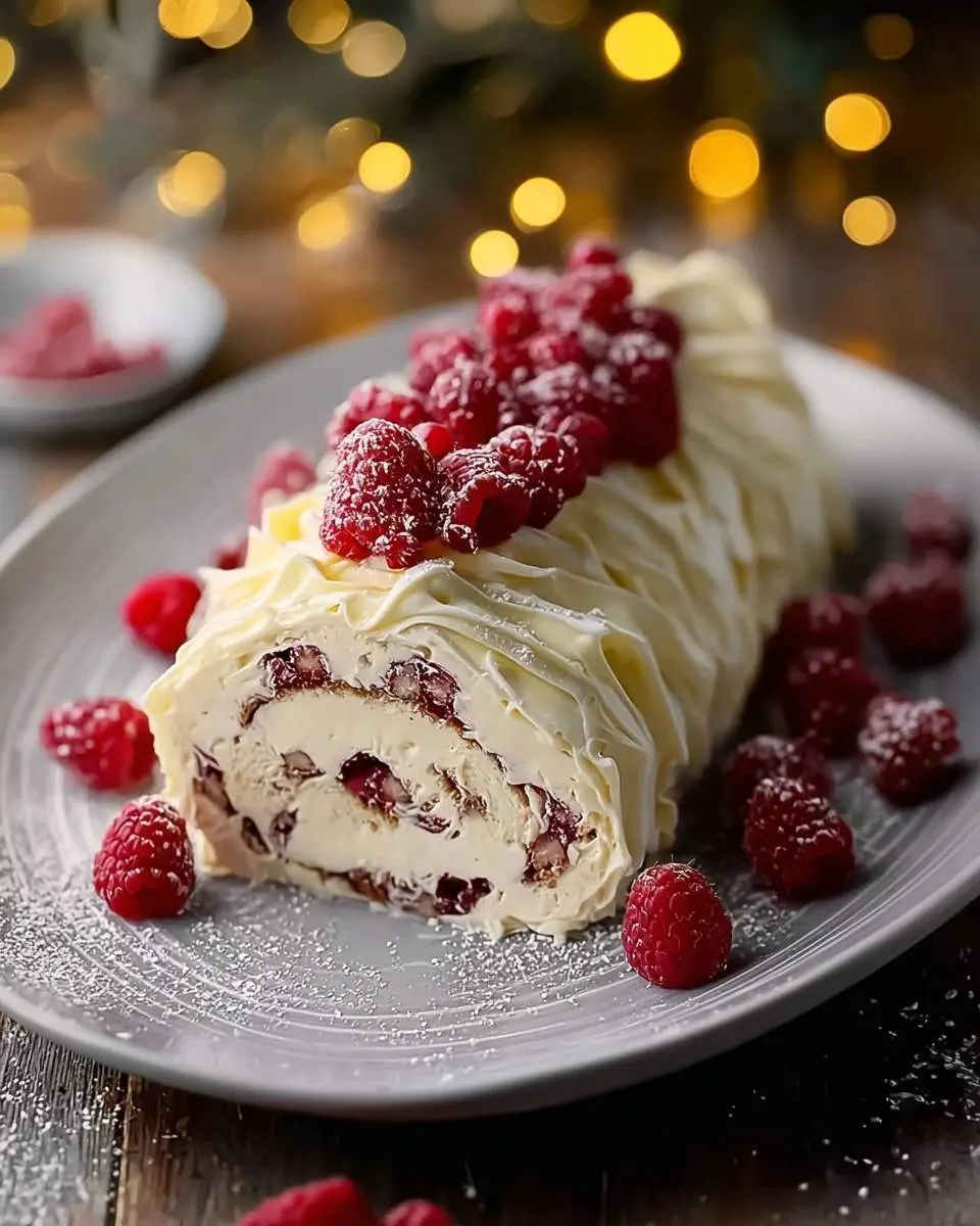 White Chocolate Raspberry Yule Log 4 A festive White Chocolate Raspberry Yule Log covered in white icing, sprinkled with powdered sugar, and adorned with fresh raspberries.
