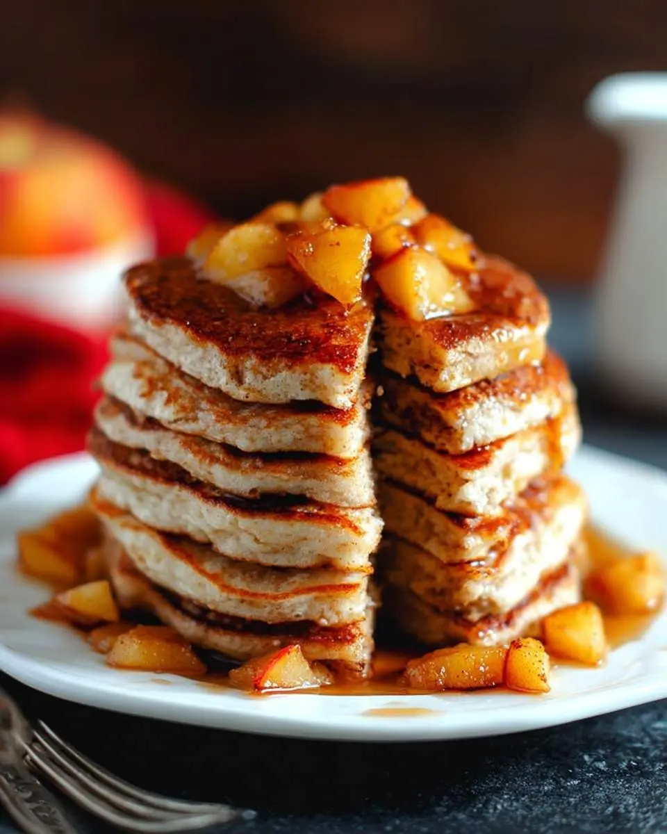 A towering stack of fluffy Apple Yogurt Pancakes, split in half and generously topped with caramelized apples and syrup.