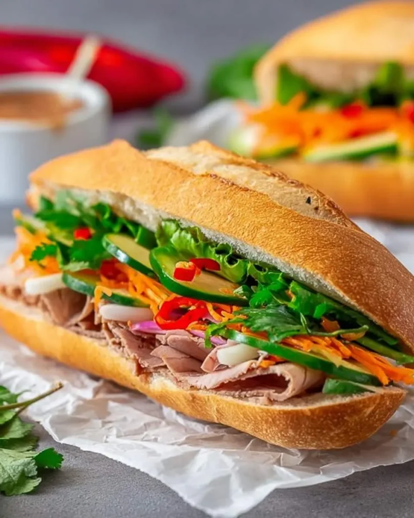 A delicious Banh Mi Vietnamese sandwich, cut open to reveal thinly sliced meat, fresh vegetables, and chili in a crispy baguette.