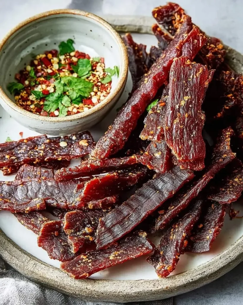 A large pile of savory beef jerky strips, seasoned with visible spices, served on a rustic plate with a bowl of chili flakes and cilantro.