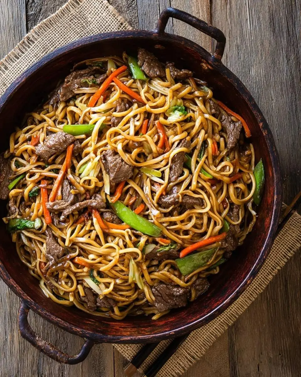 A rustic wooden wok filled with savory Beef Lo Mein, featuring stir-fried noodles, tender beef, carrots, and snow peas.