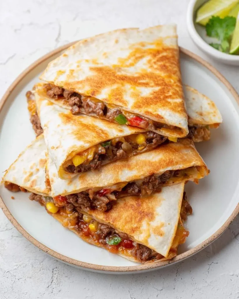 Stacked golden brown beef quesadillas with seasoned ground beef, melted cheese, corn, and peppers, served on a white plate.