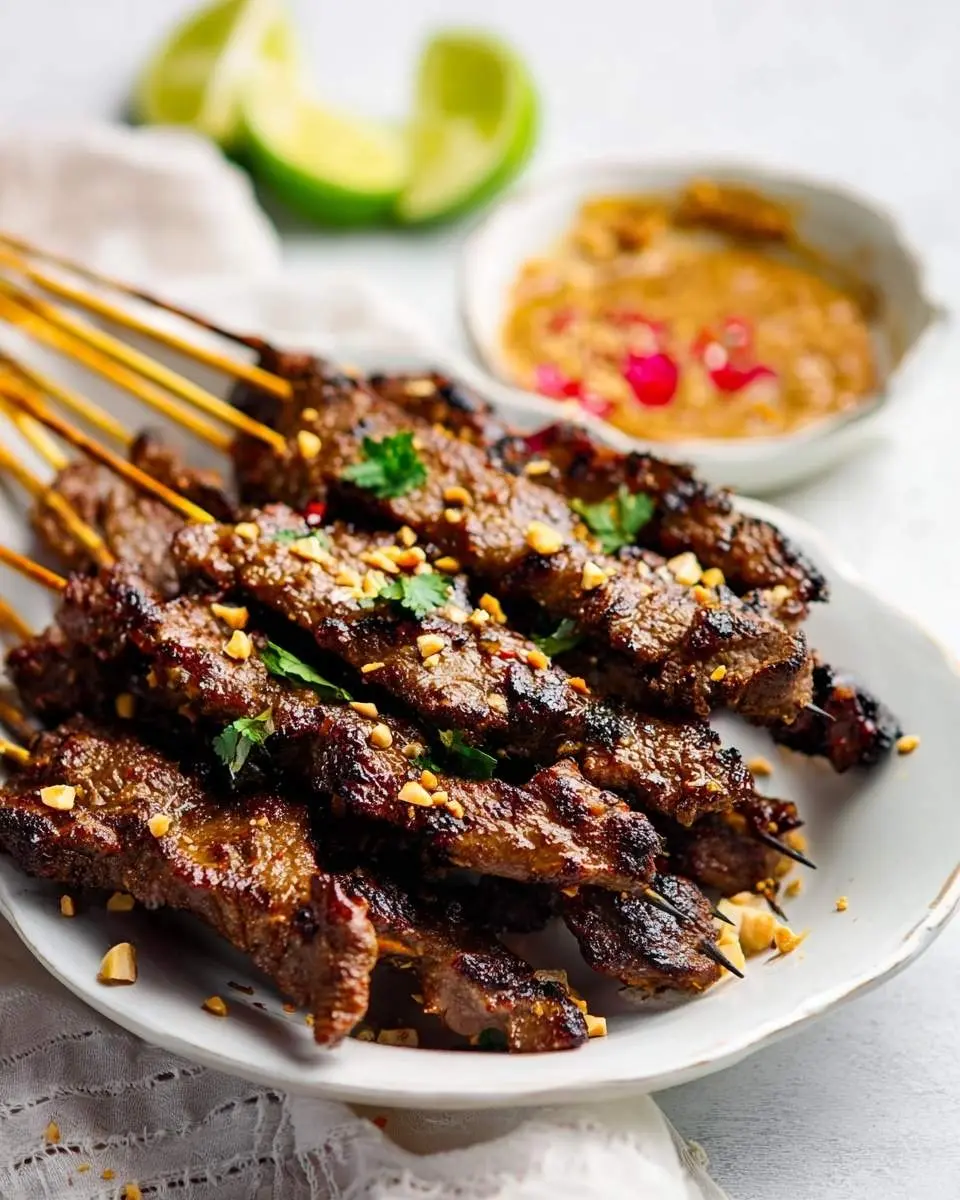 A plate of grilled Beef Satay skewers topped with crushed peanuts and fresh cilantro, with blurred limes and peanut dipping sauce in the background.