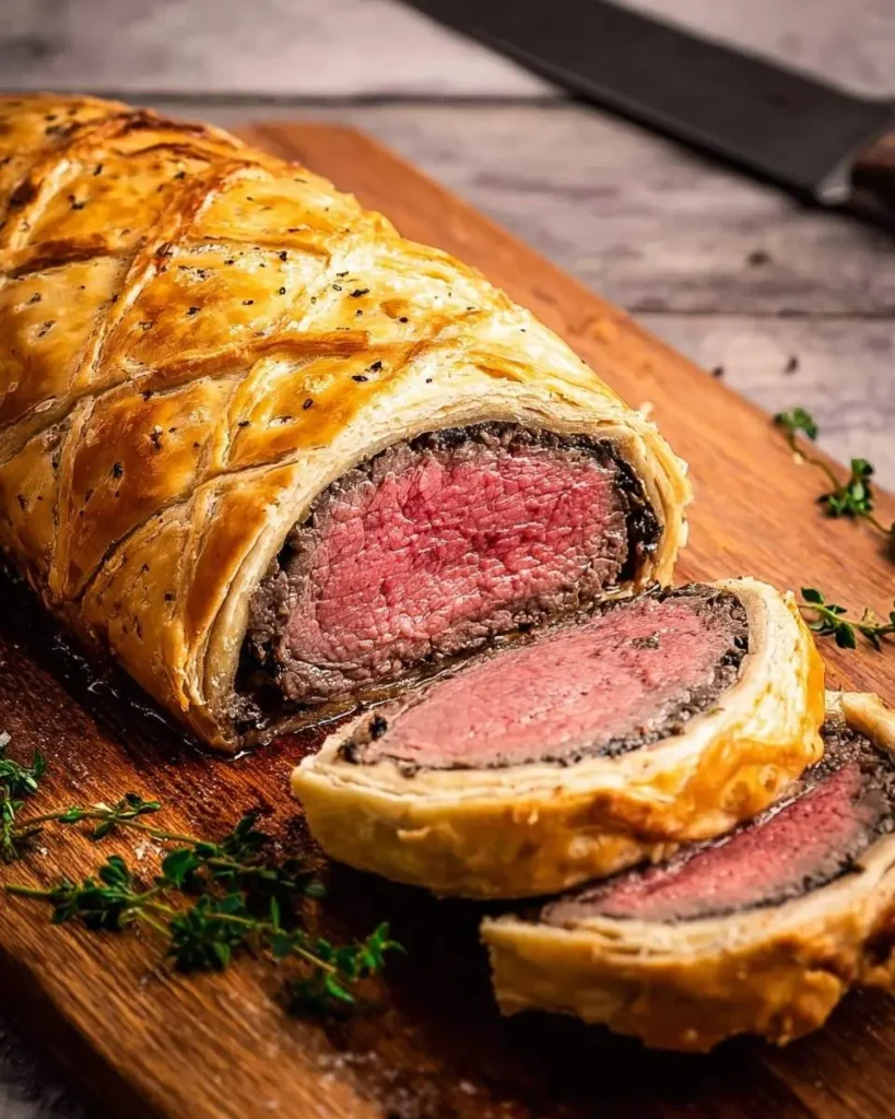 A sliced Beef Wellington on a rustic wooden board, revealing its perfectly cooked pink tenderloin, duxelles, and golden puff pastry.