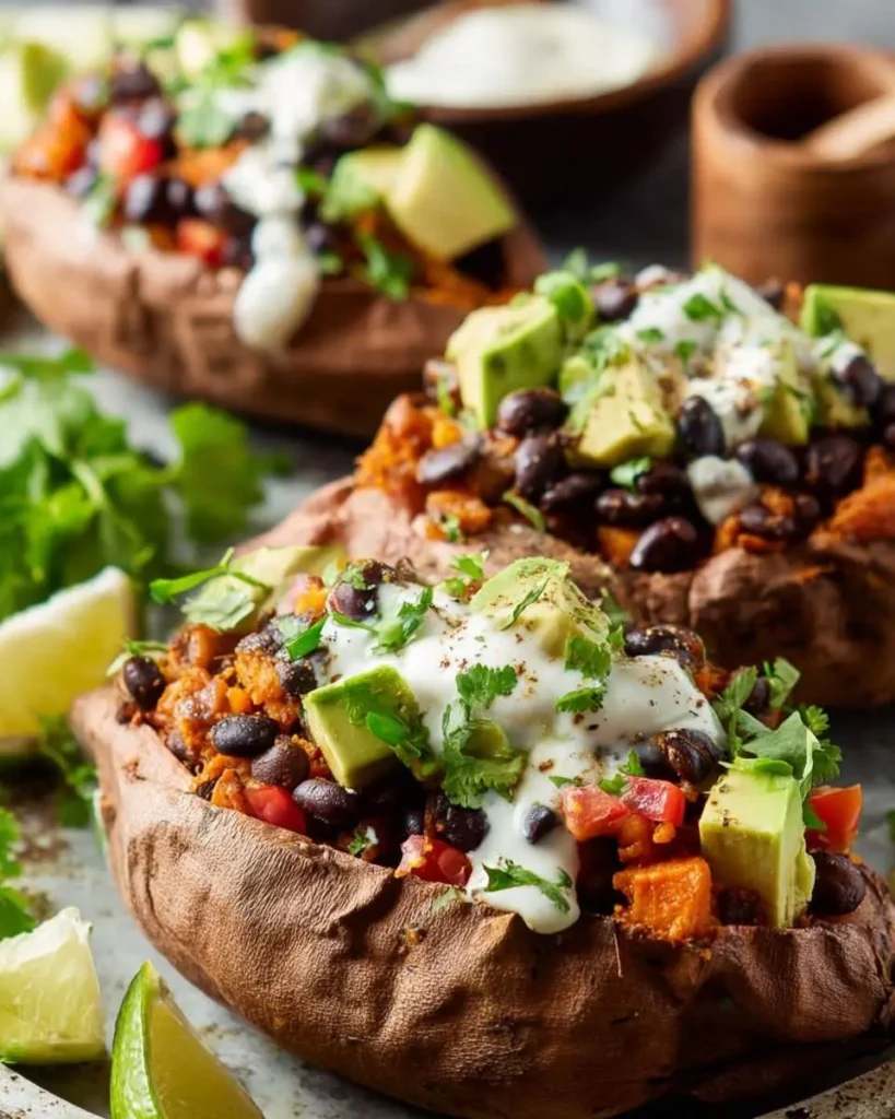 Close-up of three delicious Black Bean Stuffed Sweet Potatoes topped with avocado, creamy sauce, and fresh cilantro, with lime wedges.