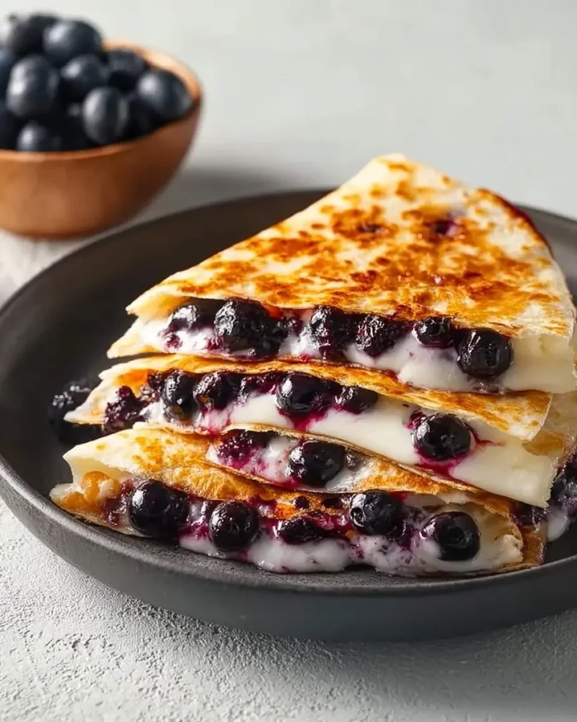 A stack of golden-brown Blueberry Breakfast Quesadillas with melted cheese and fresh blueberries, served on a dark plate.