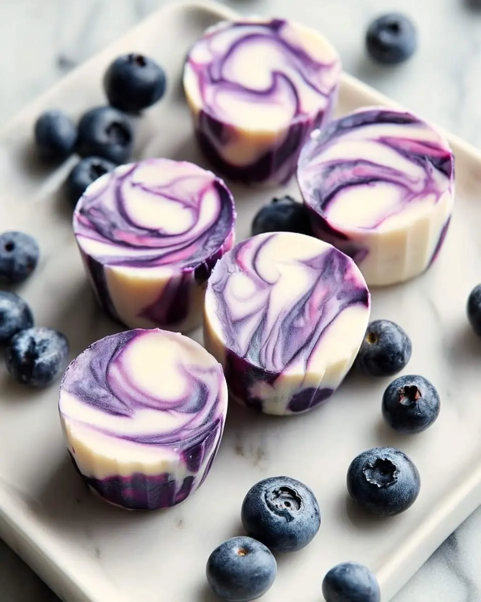 Five creamy blueberry swirl yogurt bites sit on a white marble tray, surrounded by scattered fresh blueberries.