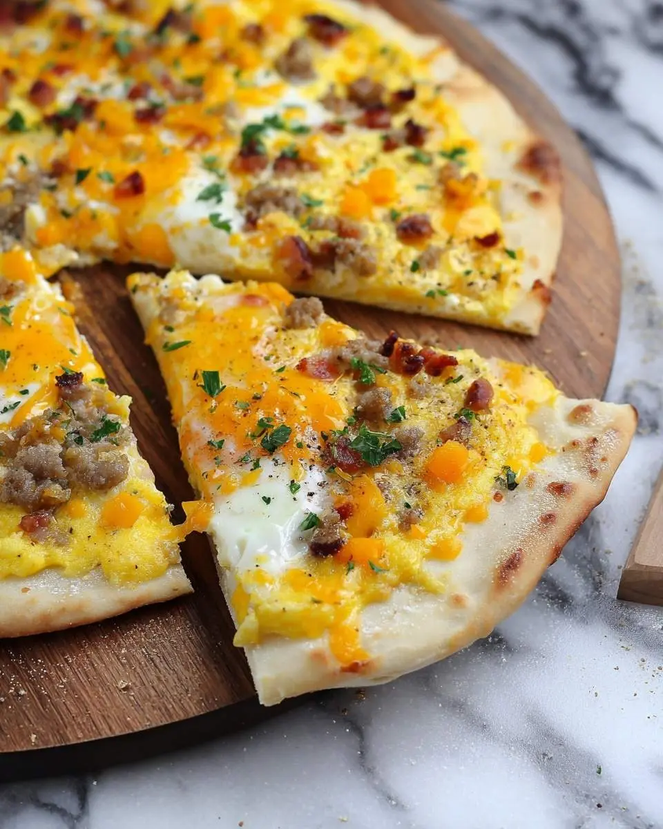 Close-up of a delicious breakfast pizza topped with scrambled eggs, sausage, bacon, and parsley on a wooden board.
