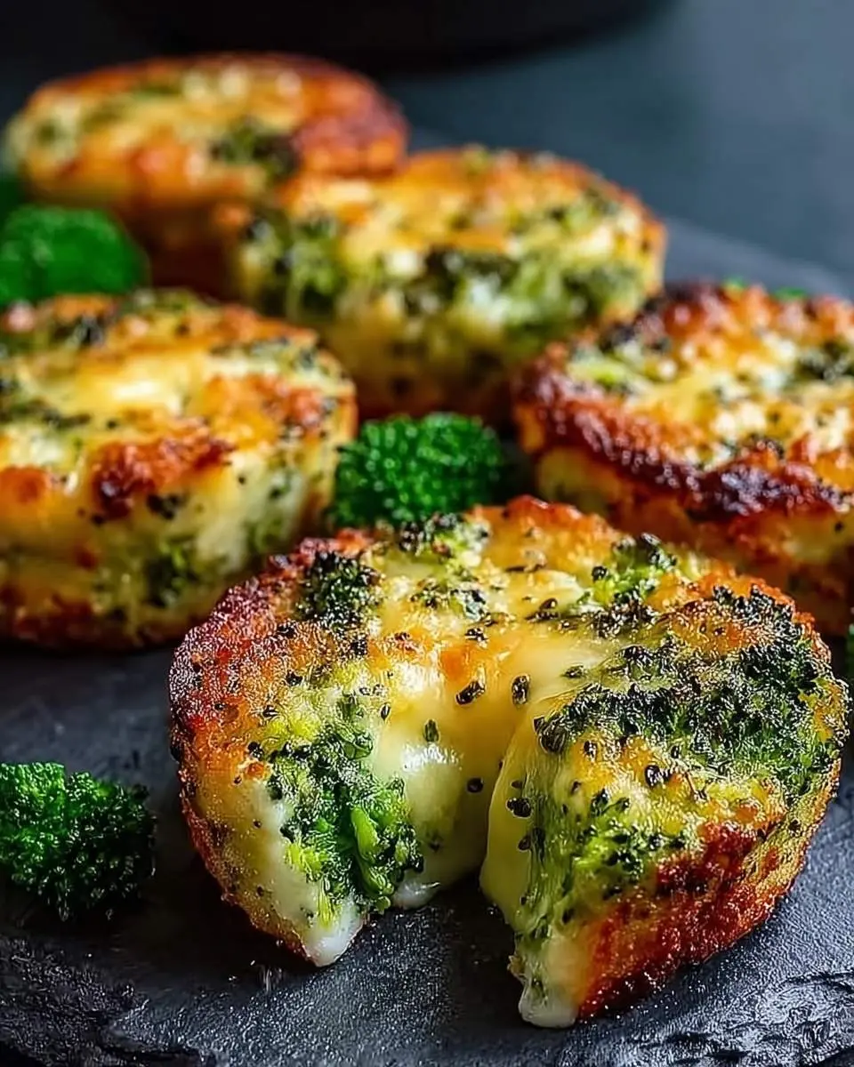 Close-up of golden-brown Broccoli Cheese Rounds, one broken open to reveal gooey melted cheese and green broccoli florets.
