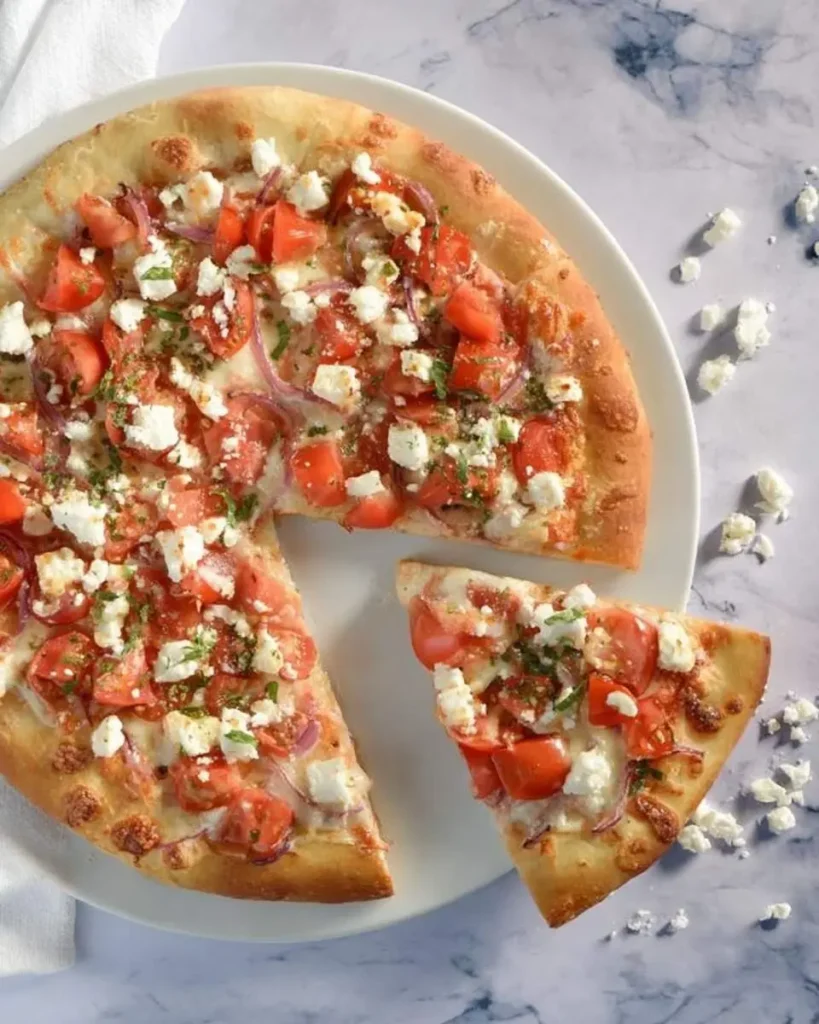 A vibrant Bruschetta Pizza, topped with diced red tomatoes, crumbled white cheese, red onion, and green herbs, served on a white plate with a slice removed.