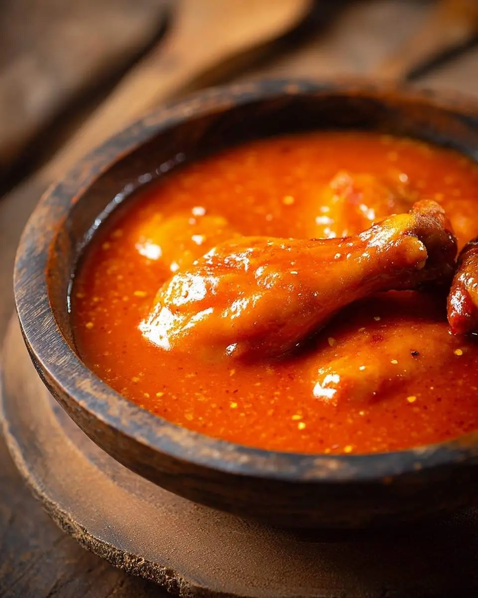 A close-up of tender chicken pieces, likely drumettes and flats, drenched in vibrant orange Buffalo Wing Sauce served in a rustic wooden bowl.