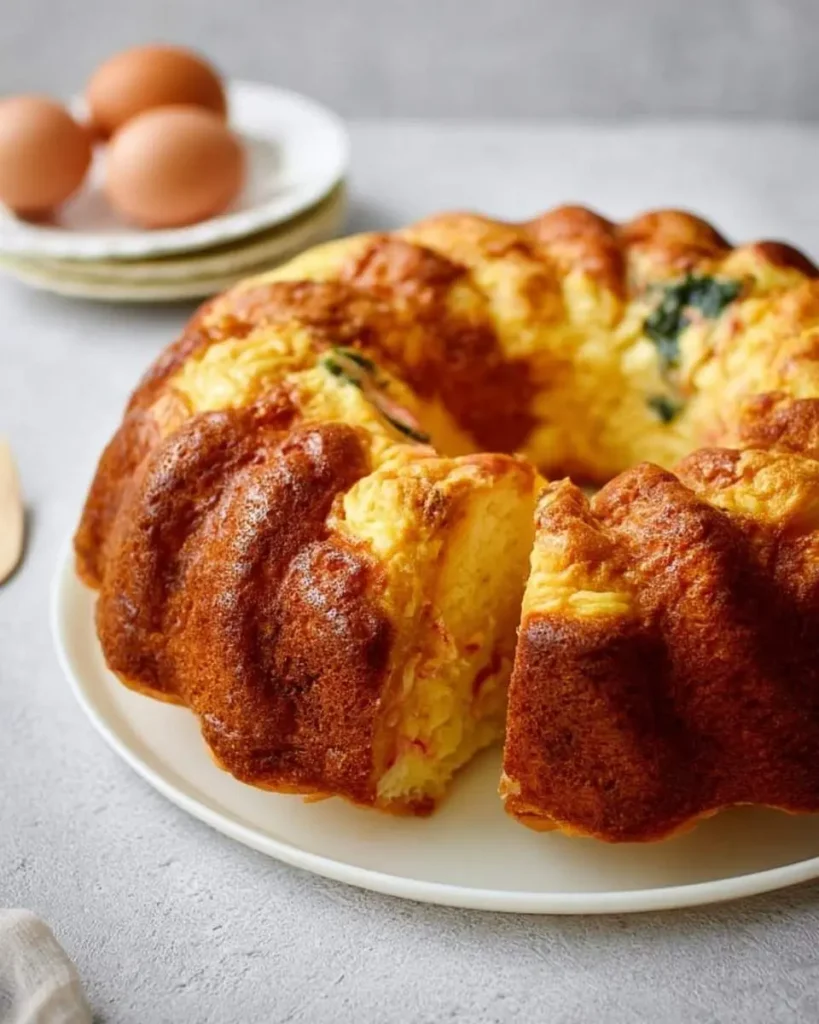 Savory golden-brown Bundt cake breakfast, sliced to reveal ham and spinach, on a white plate with eggs nearby.
