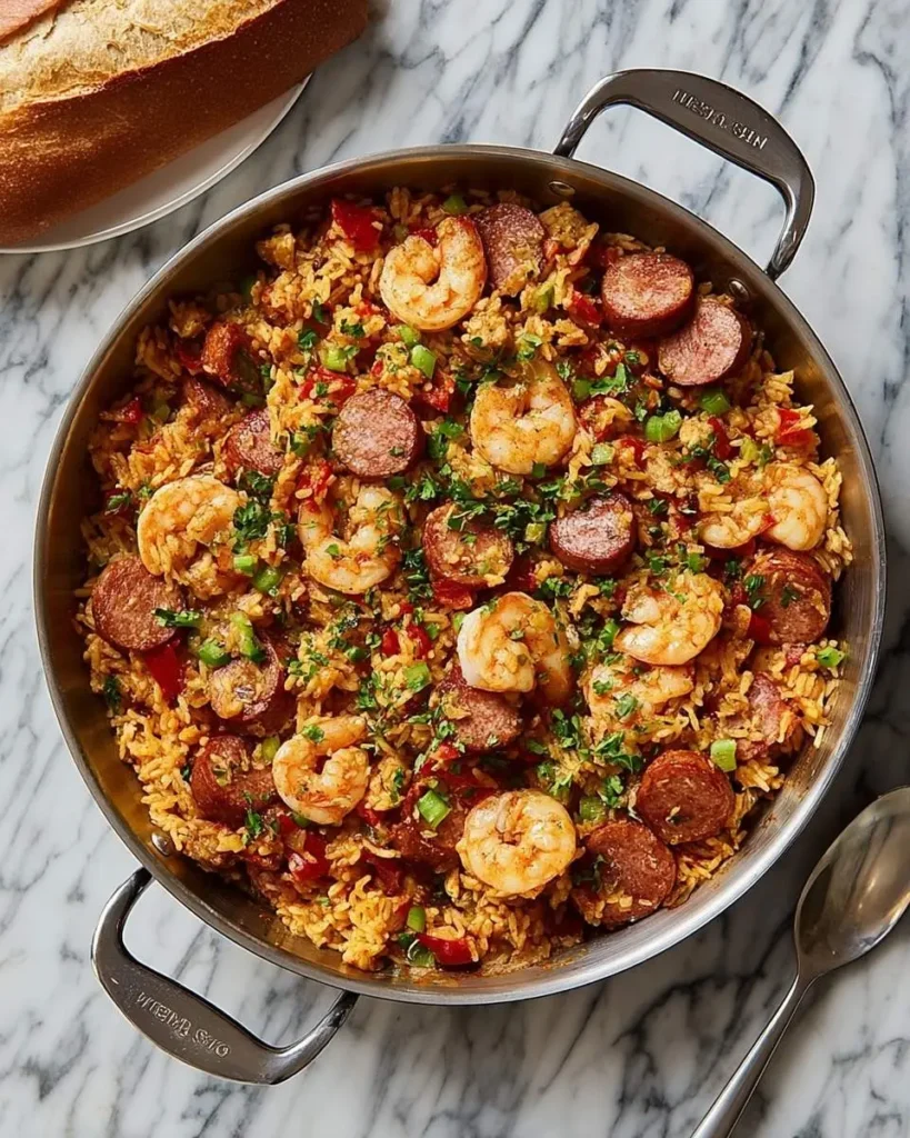An overhead view of a large pan of Cajun jumbalia recipe featuring shrimp, sausage, rice, and peppers, garnished with fresh herbs.