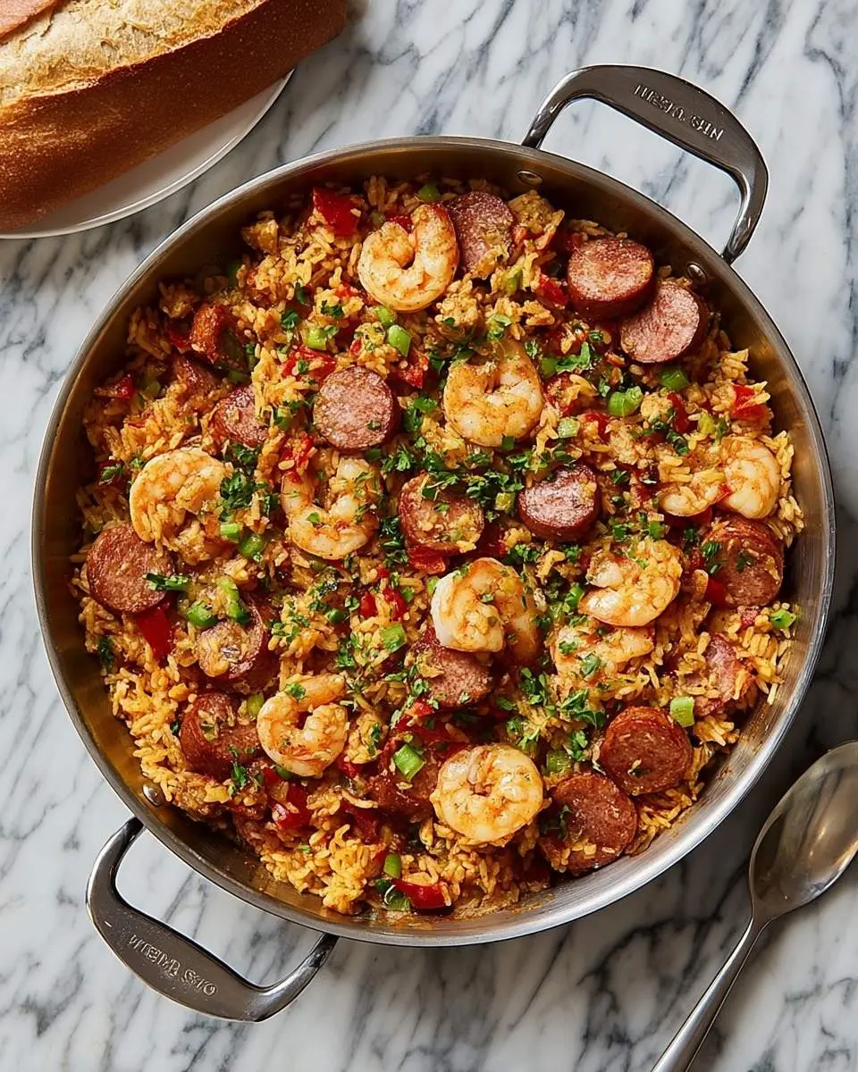 An overhead view of a large pan of Cajun jumbalia recipe featuring shrimp, sausage, rice, and peppers, garnished with fresh herbs.