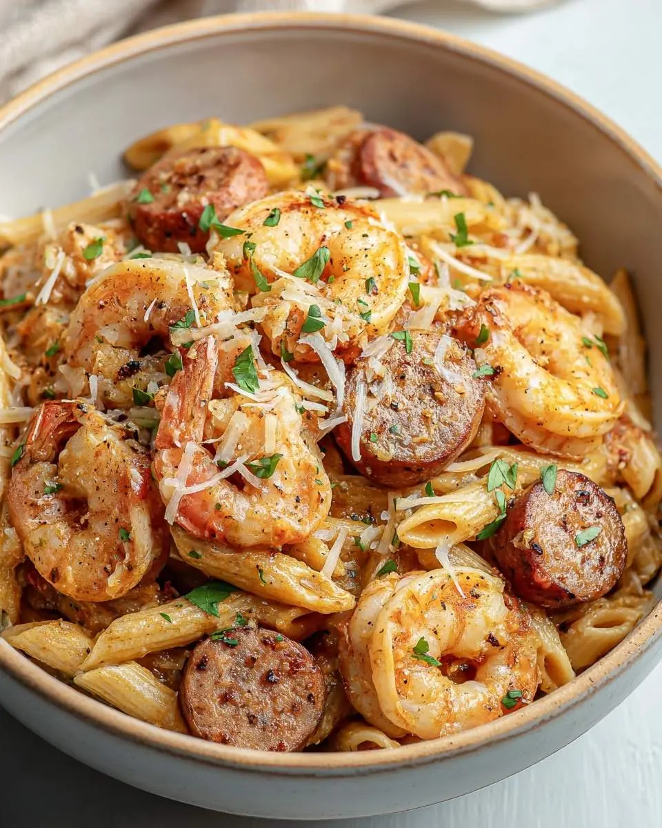 A close-up of a delectable bowl of Cajun Shrimp and Sausage Pasta, garnished with shredded cheese and fresh parsley.