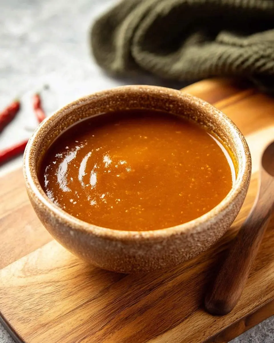 A rustic ceramic bowl holds vibrant Carolina Gold BBQ Sauce on a wooden cutting board, with red chili peppers and a green cloth in the background.